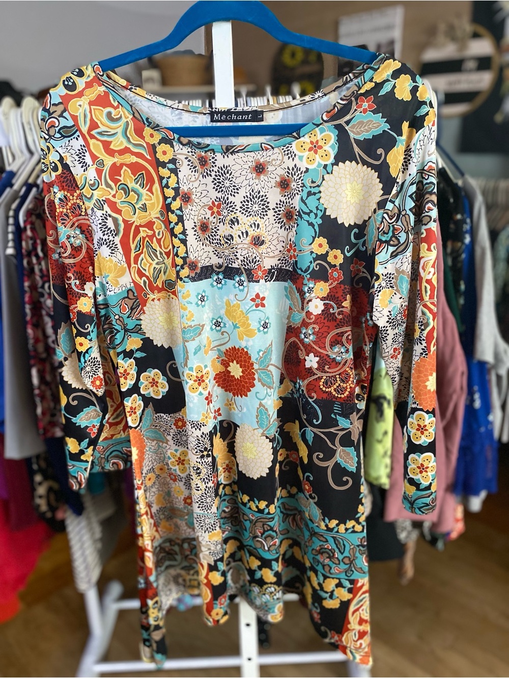 Mechant Patchwork Floral Tunic in Black, Turquoise, Orange, Yellow